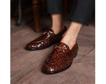 Handmade Brown Woven Leather Loafers for Men | Breathable Basket Weave Slip-On Dress Shoes
