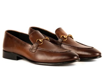 Handmade Men’s Brown Leather Horsebit Loafers – Classic Slip-On Dress Shoes, Elegant Formal