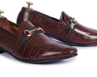 Mocassini da uomo in pelle di coccodrillo marrone fatti a mano – Scarpe slip-on stile italiano –