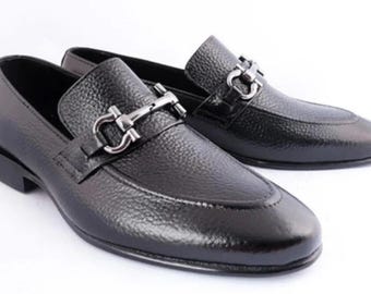 Men’s Black Leather Loafers with Metal Buckle – Formal Dress Shoes, Handmade Italian Style