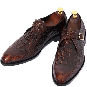 Handgefertigte schwarze Alligator Krokodilleder Single Monk Strap Luxus Slip-On Dress Schuhe für Männer Cognac Brown