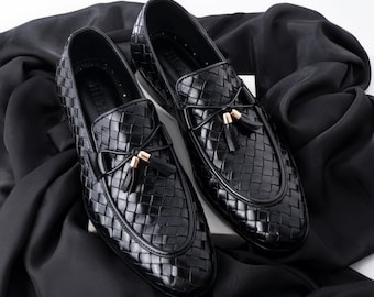 Handmade Men's Black Woven Leather Tassel Loafers Luxury  Formal Slip On Shoes