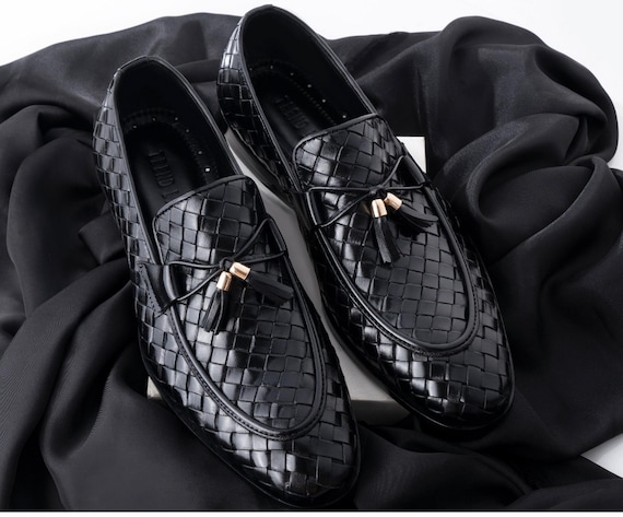 Handmade Men's Black Woven Leather Tassel Loafers Luxury  Formal Slip On Shoes