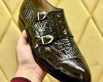 Handmade Alligator Leather Double Monk Strap Dress Shoes