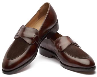 Handmade Brown Leather Loafers for Men – Suede Vamp