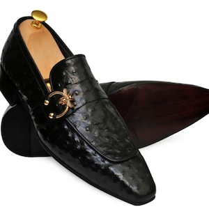 Handmade Black Ostrich Embossed Leather Penny Loafers EU 42 / US 9 il_fullxfull.6905716568_3qaz.jpg main image 3