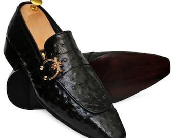 Mocassini in pelle di struzzo nera fatti a mano per uomo, scarpe eleganti di lusso in stile italiano