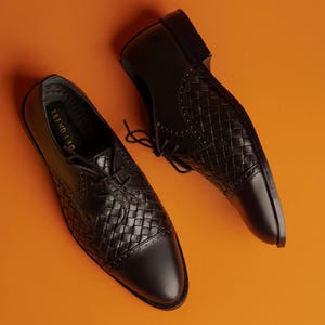 Handmade Men’s Black Woven Leather Dress Shoes –Lace-Up Oxford Shoes