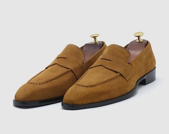 Handmade Suede Penny Loafers for Men, leather shoes, slip-on dress loafer,Tan brown comfortable