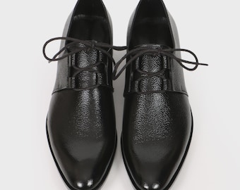 Handmade Black Textured Leather Oxford Derby Shoes for Men | Formal Lace-Up Dress Shoes