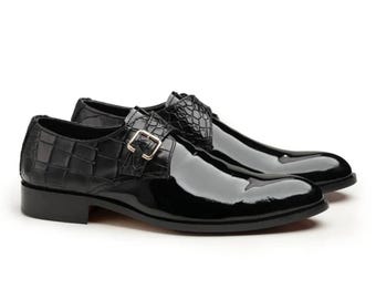Handmade Black Patent Crocodile Leather Monk Strap Loafers:| Luxury Slip-On Shoes for Men