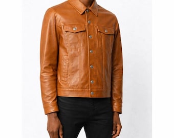 Chaqueta de camionero para hombre de piel de oveja auténtica color tostado – Estilo motero clásico