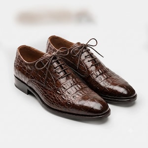 Handmade Brown Alligator Leather Oxford Dress Shoes – Men’s Exotic Formal Footwear