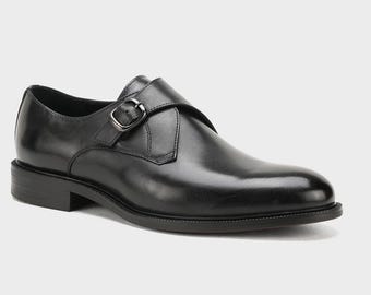 Handmade Black Leather Single Monk Strap Shoes|Classic Formal Dress for Men