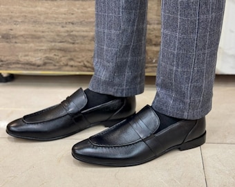 Handmade Black Leather Penny Loafers for Men – Classic Formal Slip On Shoes