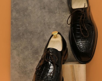 Zapatos Oxford de piel de cocodrilo hechos a mano: vestido negro de lujo con cordones y punta de ala.
