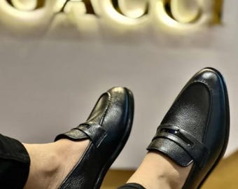 Handmade Black Leather Penny Loafers for Men | Classic Slip-On Dress Shoes