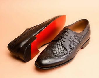 Handmade Dark Brown Leather Woven Oxford Shoes, Men's Brogue Dress Footwear for Wedding Formal Style