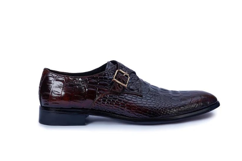 Handgefertigte schwarze Alligator Krokodilleder Single Monk Strap Luxus Slip-On Dress Schuhe für Männer Bild 6