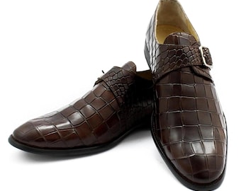 Handgefertigte Braun Alligator Krokodil Männer Leder! Einzel Monk Strap Dress Schuhe