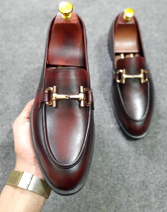 Burgundy Leather Loafers Gold Accents Slip On Dress Shoes Classic Style‎ men dress loafers burgundy/wine & Gold shoes Wedding Slip On  main image 3