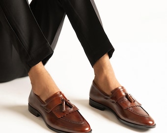 Handgefertigte Braune Leder Quaste Loafers für Herren | Klassische Slip On Trachtenschuhe.