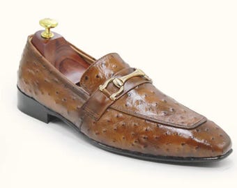 Handmade Brown Ostrich Leather Loafers: Men's Slip-On Shoes