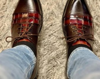 Handmade Men’s Two-Tone Brown Leather Crocodile Embossed Lace-Up Oxford Dress Shoes – Formal Shoes