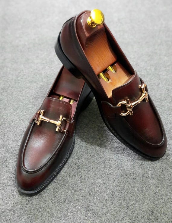 Burgundy Leather Loafers Gold Accents Slip On Dress Shoes Classic Style‎ men dress loafers burgundy/wine & Gold shoes Wedding Slip On  main image 4