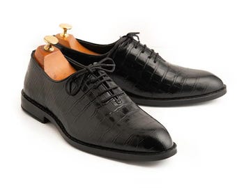Handmade Black Crocodile Embossed Leather Oxford Shoes -Formal Lace Up Dress Shoes