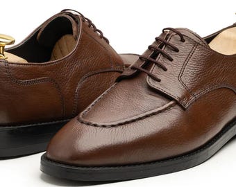 Handmade Brown Grain Leather Oxford Derby Shoes- Men's Split Toe Lace-Up