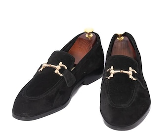 Black Suede Horsebit Loafers, Handmade Mens Slip On Shoes, Luxury Dress Footwear