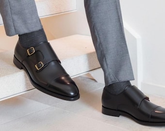 Zapatos de doble hebilla de cuero negro hechos a mano, estilo italiano