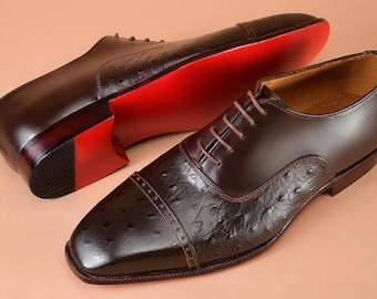 Handmade Brown Ostrich Leather Oxford Shoes | Luxury Cap Toe Dress Shoes for Men