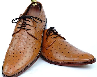 Handmade Tan Ostrich Leather Oxford! Men's Luxury Slip-On Lace-Up Shoes