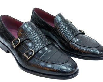 Black Croc Embossed Double Monk Strap Men's Dress Shoes