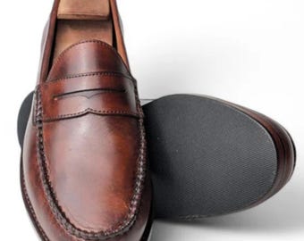 Handmade Brown and Black Leather Penny Loafers for Men, Classic Slip-On Casual Dress Shoes