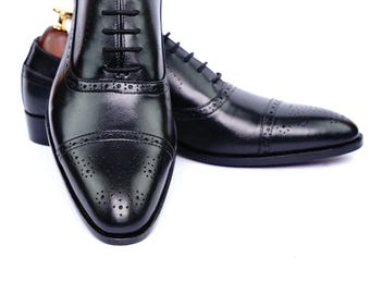 Zapatos Oxford de cuero negro hechos a mano / Zapatos de vestir brogue con punta