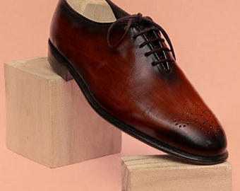 Handgemaakte bruine patina Oxford schoenen voor heren | Kledingschoenen formele vetersluiting