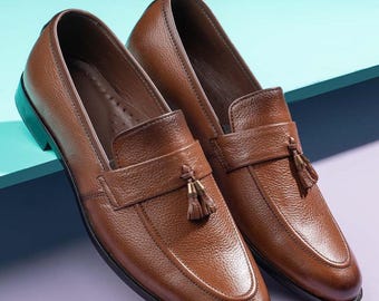 Handmade Brown Leather Tassel Loafers | Classic Men's Slip On Dress Shoes
