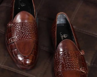 Handmade Brown Crocodile Embossed Leather Double Monk Loafers for Men – Luxury Slip-On Dress Shoes