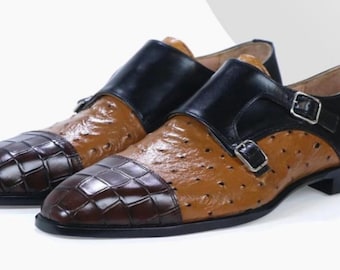Handgefertigte exotische Herrenschuhe aus echtem Leder mit doppeltem Monk-Strap, Krokodilprägung und Straußenlederschuhe, formelle Luxus-Slip-On-Schuhe