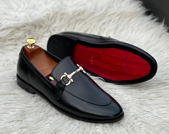 Handgemaakte zwarte leren Horsebit-loafers – formele instappers met rode zool, klassiek voor heren