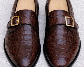 Handmade Brown Alligator Embossed Leather Single Monk Strap Shoes