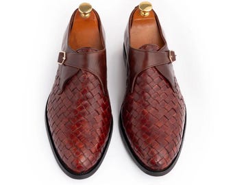 Handmade Brown Woven Leather Monk Strap -Slip-ON,Dress Shoes for Men