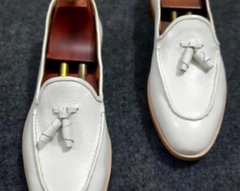 Handmade White Leather Tassel Loafers for Men, Slip-On Dress Shoes, Classic Formal Moccasins