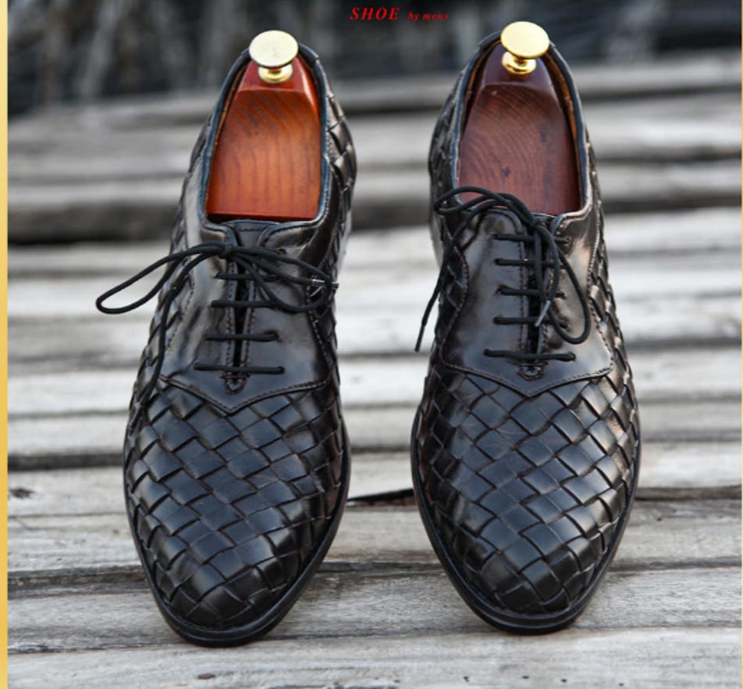 Handmade Black Woven Leather Oxford Shoes: Bespoke Lace-up Footwear - Etsy