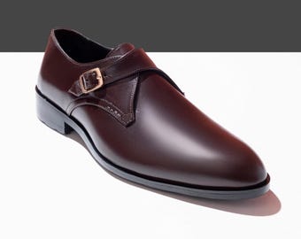 Handmade for Men Brown Leather Monk Strap Shoes Classic Formal Dress
