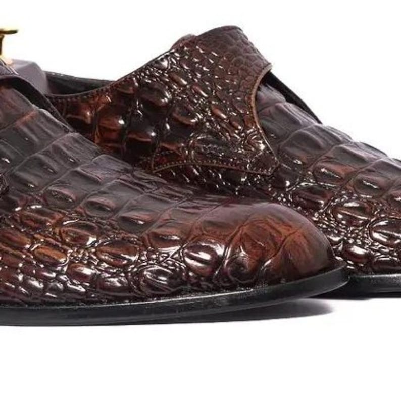 Handgefertigte schwarze Alligator Krokodilleder Single Monk Strap Luxus Slip-On Dress Schuhe für Männer Bild 10