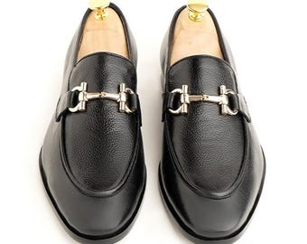 Handmade Black Leather Horsebit Loafers for Men – Classic Slip-On Dress Shoes